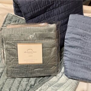 New Pottery Barn Silk Channel Quilted Two-Tone Shams, Standard, Porcelain Blue